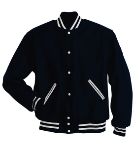 Blouson universitaire d'hiver pour homme en 100 % laine bleu marine avec bordure blanche, coupe classique, logo frontal, respirant, décontracté, style universitaire - Product Image 1