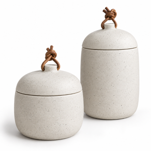 Speckled Ceramic Storage Jars Leather Loop Lids Two Sizes <b>Canister</b> <b>Set</b> | Modern Kitchen Countertop Pantry Organizer Home Storage - Product Image 1