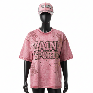 <b>Women</b> Acid Wash T Shirt Quality GSM Cotton Vintage <b>Pink</b> Soft Feel Rhinestone Printed Custom Logo <b>Women</b> Acid Wash T Shirts Cotton - Product Image 6