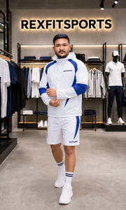REXFIT SPORTS 2026 ชุดเสื้อแจ็คเก็ตกันลมและกางเกงขาสั้นโพลีเอสเตอร์สำหรับผู้ชายแบบกำหนดเอง ชุดกีฬาทีมวิ่งออกกำลังกายแบบมีฮู้ดน้ำหนักเบา - Product Image 5