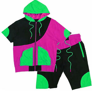 Ensemble de survêtement pour homme à capuche, color-block, séchage rapide, léger, sportif, manches longues, gris avec fermeture éclair néon - Product Image 2