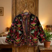 Blouson Bomber Bohème en Velours Tricoté Matelassé Brodé Floral à Manches Longues pour Femme – Style Prairie Chic en Coton pour l'Automne