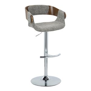 Elisa Mid Century Modern Adjustable Barstool with Swivel Chrome Metal and Walnut Wood Grey Fabric Rounded T <b>Footrest</b> - Product Image 2