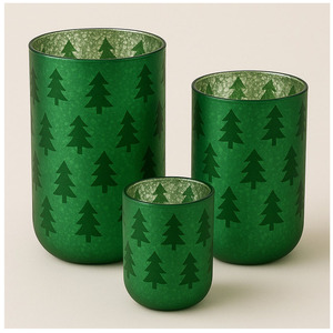 Ensemble de bougeoirs en verre vert faits à la main Shri Govind International, motif arbre, résistants à la chaleur, réutilisables, pour Pâques, Noël, maison - Product Image 1