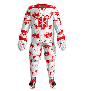 Jersey de Hockey sobre Hielo Blanco Unisex Personalizado con Diseño de Salpicaduras de Pintura Roja, Uniforme de Hockey sobre Hielo con Logotipo Tridente, Sublimado - Product Image 2