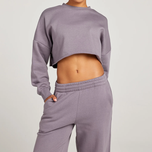 Womens Crewneck Sweatshirt Slouchy <b>Drop</b> Shoulder Plain Dark Brown Cropped Pullover Fleece - Product Image 4