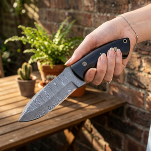 Cuchillo de Supervivencia y Camping Hecho a Mano de Acero de Damasco con Hoja de Punta Curva, Mango de Cuerno y Funda de Cuero, Personalizable para DIY y OBM - Product Image 3