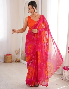 Sari Tradicional Bordado Bandhani de Georgette para Mujer KV con Blusa Reversible de Secado Rápido y Sin Arrugas (Rosa) - Product Image 3