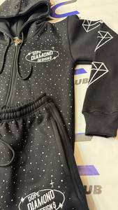 Custom Zipper <b>Puller</b> Distressed Embroidery Logo 2 Piece Set Cotton Fleece Men Rhinestone Shorts Set - Product Image 2