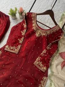 <b>Red</b> <b>Silk</b> Embroidered Women's Traditional Indian Pakistani Wedding Dress Set Regular Fit All Seasons - Product Image 4