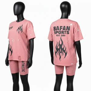 ชุดเสื้อยืดและกางเกงขาสั้นผ้าฝ้ายพรีเมียมสีชมพูอมเทา พิมพ์ลายสกรีนโลโก้ตามสั่ง สำหรับผู้หญิง ชุดเสื้อยืดและกางเกงขาสั้นผ้าฝ้าย 100% - Product Image 4