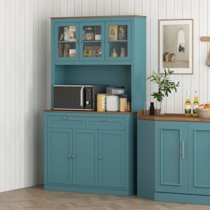 Mobile dispensa da cucina verde da 71 pollici con supporto per microonde, credenza da cucina con 2 cassetti e ripiani regolabili - Product Image 2