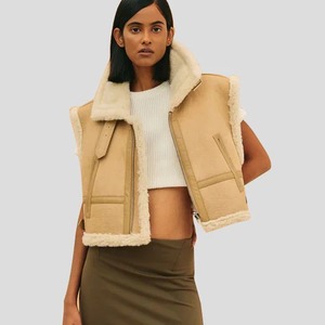 Chaleco de piel de oveja B3 marrón elegante para mujer, chaleco de aviador de cuero genuino para invierno - Product Image 2