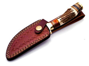 Cuchillo de caza de supervivencia de acero de Damasco con mango de asta de ciervo, espiga recta, 8.5 pulgadas, multifunción para exteriores - Product Image 6