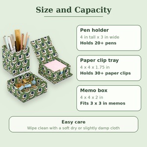 Organizador de Escritorio de Madera de Dos Niveles con Estampado Artesanal RIDHI, Juego de 3 Portaplumas, Bandeja para Clips, Caja para Notas - Tela Floral Azul Verde - Product Image 3