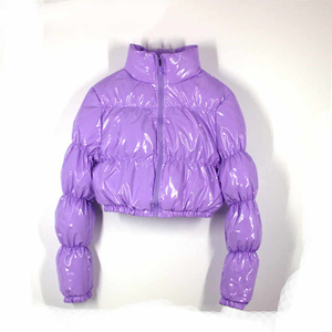 <b>Pink</b> Puffer <b>Jacket</b> Women Stand Collar Lantern Sleeve Short Thick <b>Waterproof</b> Zipper Closure Casual Winter Coat Solid Color - Product Image 5