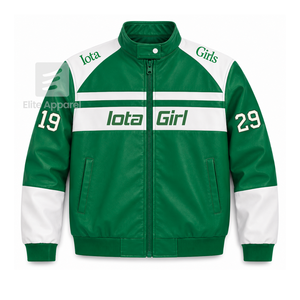 Custom Iota Phi Lambda Sorority Leather <b>jacket</b> blue & <b>white</b> Embroidered logo Casual Style for female with polyester lining - Product Image 1