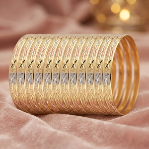 ORO-Z Luxury Ethnic Three Tone Gold Plated Stackable <b>Bangles</b> with Geometric Diamond Cut Finish for Women Wedding Party Jewelry - Product Image 3
