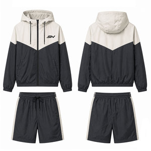 Stylish <b>Men</b> Hooded Windbreaker Set <b>Zip</b> Front Jacket And Matching <b>Shorts</b> For Running Training Gym Outdoor Fitness Casual Wear - Product Image 1