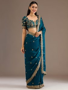 Sari brodé bleu, tenue ethnique traditionnelle pour femmes, bordure florale, dupatta, tenue de fête et de mariage - Product Image 6