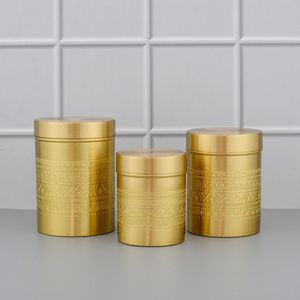 <b>Set</b> Of Three Golden Brass Spice <b>Canisters</b> With Airtight Lids Bohemian Design Kitchen Storage Containers Cylinder Shape - Product Image 1