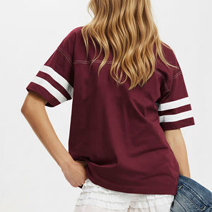High Quality <b>Women's</b> Maroon V-Neck <b>T</b>-<b>Shirt</b> With <b>White</b> Stripes Short Sleeve Loose Fit Casual 100% Cotton Jersey Logo Print - Product Image 2