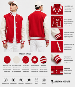 เสื้อแจ็คเก็ตวาร์ซิตี้สีแดงขาวสำหรับผู้ชาย ยี่ห้อ SINEWY SPORTS แบบซิป คอปกคลาสสิก ซับในแบบควิลท์ ทรงปกติ เหมาะสำหรับใส่ในฤดูหนาว ด้านหน้าเป็นผ้าซอฟต์เชลล์ - Product Image 1