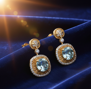 Boucles d'oreilles tendance en topaze bleue hydro-cushion avec CZ |   Argent 925 plaqué or 18 carats |   Boucles d'oreilles pendantes de 4 pouces |   Cadeau pour elle - Product Image 2