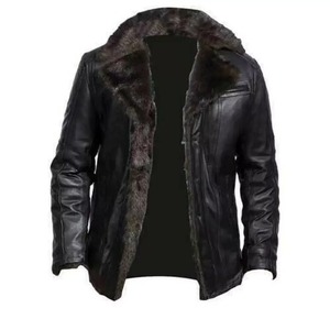 Veste en cuir bomber en peau de mouton noire pour homme - Product Image 1
