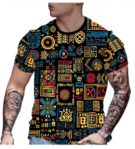 Men s Black Short Sleeve T-<b>Shirt</b> With Geometric Pattern O-Neck Casual Woven Fabric Printed Design Black geometric patterned - Product Image 1