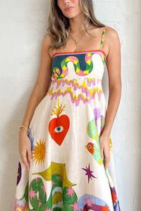 Vibrant Artistic Print Sleeveless Maxi Dress Breathable Linen-Blend Fabric Square Neckline Sleeveless Bohemian-Inspired <b>Sundress</b> - Product Image 4