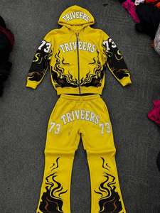 Wholesale Triveers 73 Flame Edition Premium Yellow Oversized Zip Hoodie & Wide Leg Jogger Tracksuit Set – Luxury Streetwear 2026 - Product Image 1