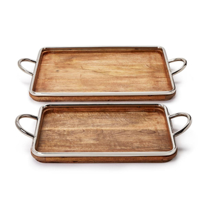 Plateau en bois vintage, artisanal, en teck massif, avec poignées en acier inoxydable et en verre, rectangulaire, pour la cuisine, la maison et la décoration - Product Image 2