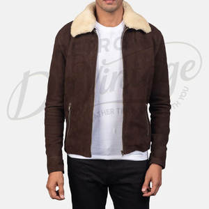 Veste en cuir suédé marron pour homme de qualité supérieure, col en fausse fourrure, coupe ajustée, veste bomber d'hiver, veste décontractée pour homme - Product Image 6
