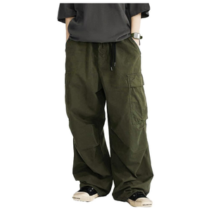 Pantalon cargo vert olive pour homme, taille élastique avec cordon de serrage, plusieurs poches, coupe décontractée ample, en toile mi-lourde, idéal pour l'automne - Product Image 1