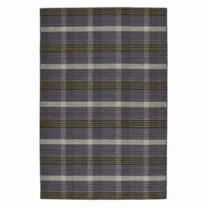 Tapis en laine tissée plate à carreaux gris anthracite, bordeaux et moutarde, motif tartan moderne, antidérapant et écologique pour salon - Product Image 1