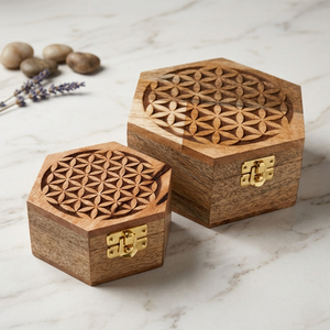 Banyan Tree Hexagon Engraved Wooden <b>Box</b> High Quality Hexa Wooden Jewelry <b>Box</b> Decoration Wood Flip Cover Storage Set of 2 Boxes - Product Image 3
