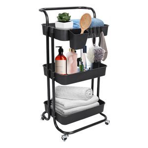 Carrito de Almacenamiento Rodante de 3 Niveles con Ruedas Bloqueables y Ganchos Giratorios de 360 Grados, Cestas de Malla Organizadoras - Product Image 1