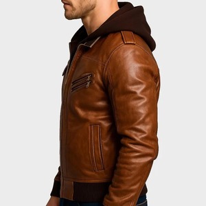 Chaqueta Bomber Unisex de Cuero Marrón Desgastado con Capucha Desmontable - Product Image 3