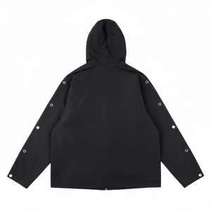 Custom Streetwear Men's <b>Black</b> Hooded Windbreaker <b>Jacket</b> with Snap Button Sleeves and Embroidery Patch Zip Up Unisex Outerwear - Product Image 3