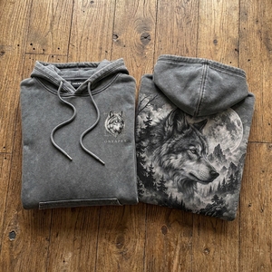 Sweat-shirt à capuche gris délavé pour homme, imprimé graphique lune loup montagne, coupe oversize, streetwear épais ONEAPEX - Product Image 5