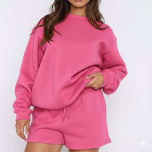 Conjunto de Sudadera Oversize de Cuello Redondo Azul Sólido y Pantalones Cortos para Mujer, Manga Larga, Estilo Casual Urbano y Deportivo, Venta al por Mayor OEM ODM - Product Image 4