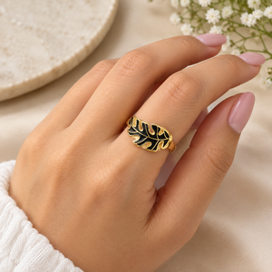 Leaf Designed Black Enameled Adjustable 18k Gold Plating Brass Statement Signet Ring Wedding Birthday Stylish Minimalist <b>Gift</b> - Product Image 2