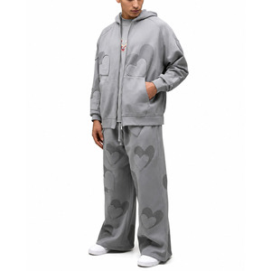 Custom Embroidery <b>Oversize</b> Acid Wash Flared <b>Sweatpants</b> and Denim Jeans Work Suit Jacket Tracksuit Men's Outerwear Set - Product Image 2