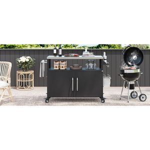 Îlot de cuisine extérieur K K 54,5 pouces avec plan de travail en acier inoxydable, chariot de barbecue en métal, table, armoire de rangement, étagère à épices - Product Image 6