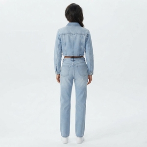Women Light Blue Denim Jacket And Jeans Set Cropped Zip Jacket High Waist Straight Leg Two Piece <b>Streetwear</b> Outfit - Product Image 2