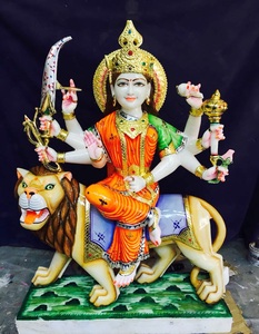 Diosa Durga Maa Idol, diosa de mármol blanco indio, colorido Murti sonriente sentado en el león, PARA ADORACIÓN decorativa con la mano - Product Image 6