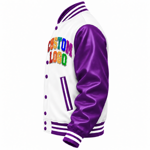 Custom Logo Varsity Jacket <b>Men's</b> White <b>Purple</b> Embroidered Letter Front Design Regular Fit Autumn Wear - Product Image 4