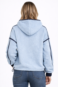 Sudadera con capucha de forro polar Sherpa azul cielo para mujer, jersey cómodo con media cremallera y ribete en contraste, textura suave y afelpada, detalle de bolsillo frontal - Product Image 2