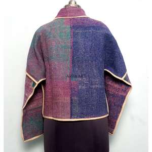 Chaqueta Larga Reversible de Algodón Kantha para Mujer, Otoño, Ecológica, de Secado Rápido, Diseño de Patchwork, Bordado, Múltiples Colores - Product Image 5